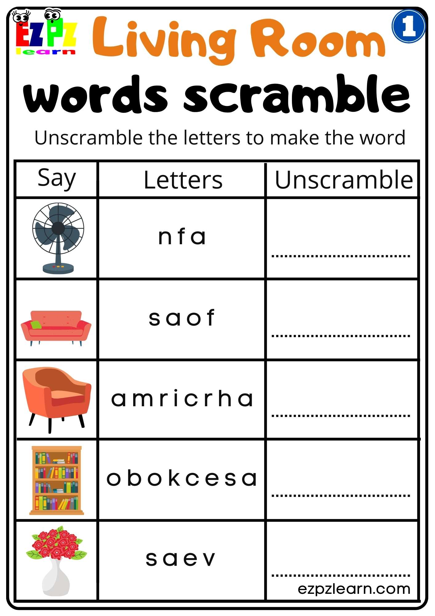 G1 Living Room Words Scramble Worksheet for Parents and Teachers Free PDF Download